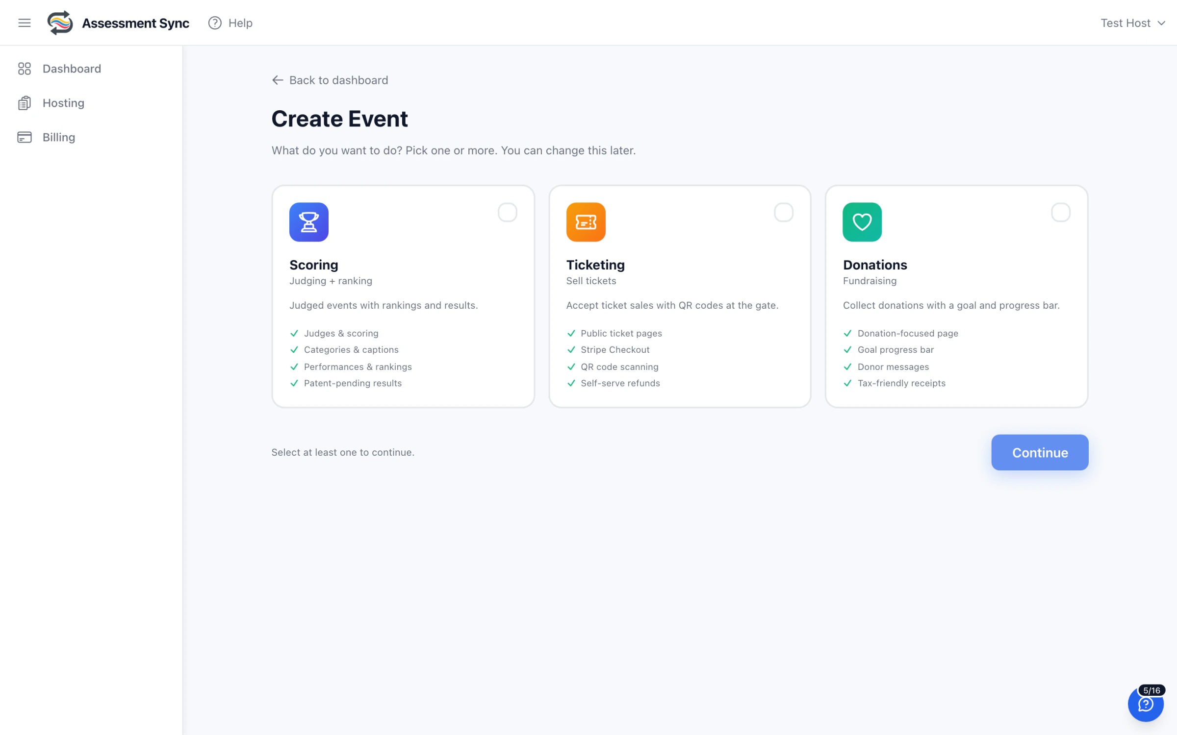 Creating an event with scoring, ticketing, and donations toggles