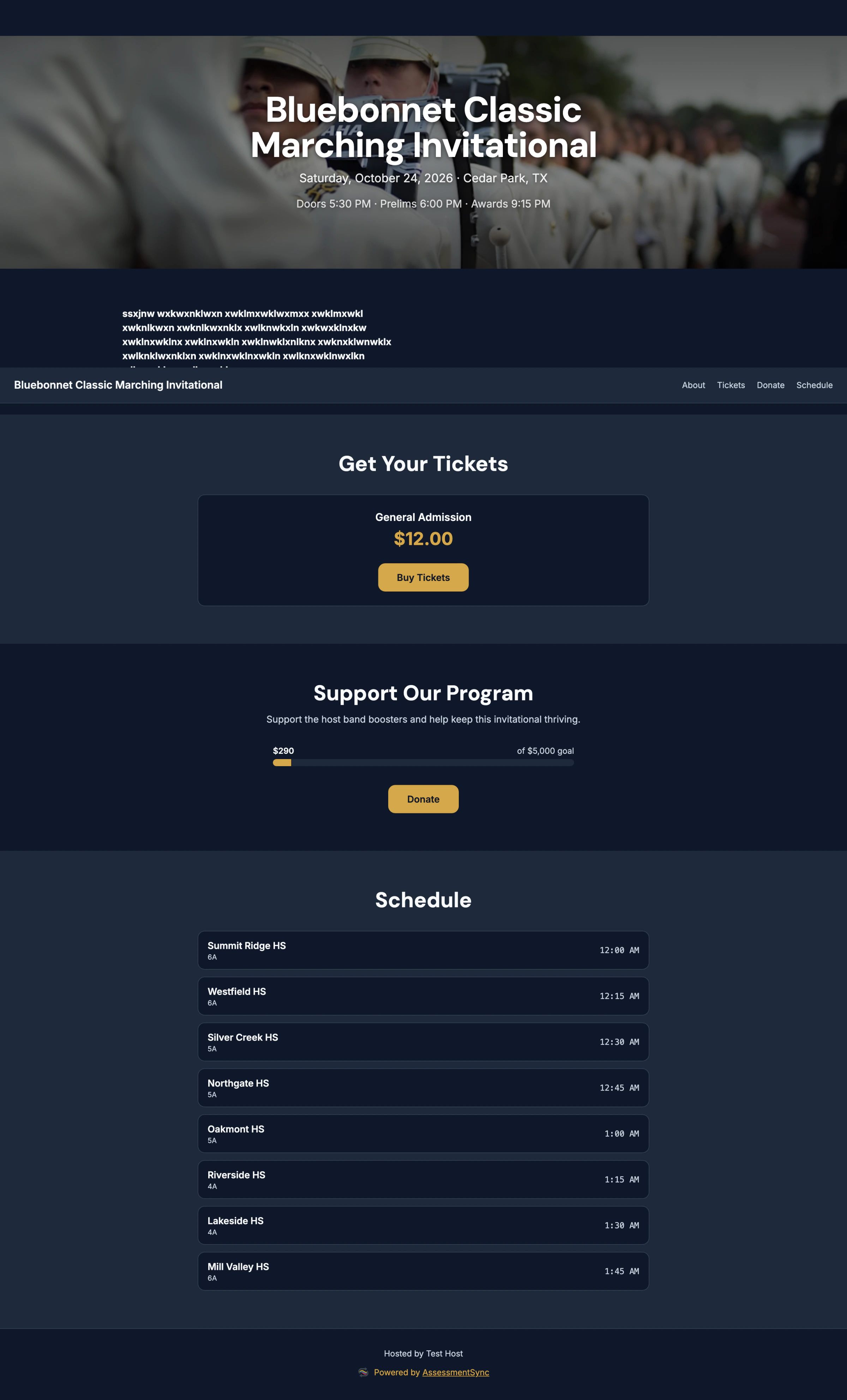 A published event page with tickets, donations, and schedule